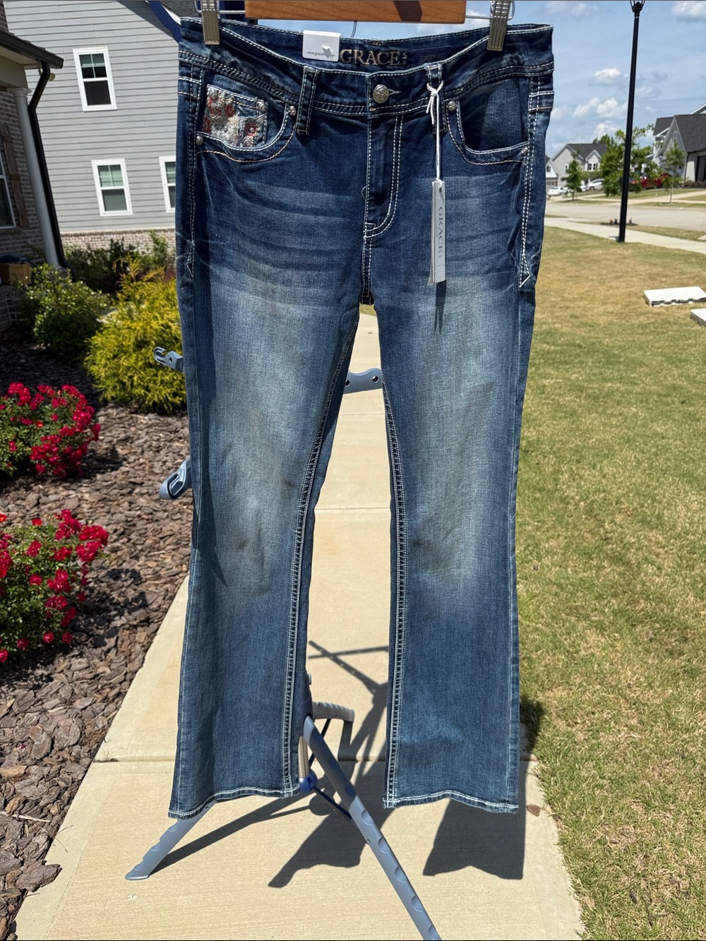Grace in LA Medium Dark Blue Bootcut Jeans with Embroidered Pocket